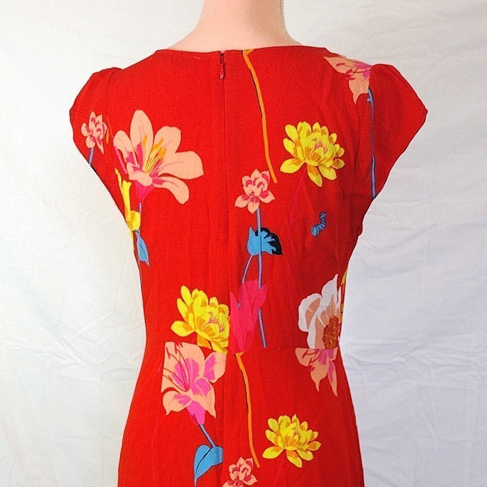 LOFT Orange Red Lily Floral Cap Sleeve Side Slit Midi Dress SMALL - Picture 13 of 16